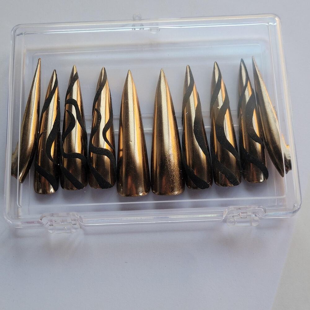 Extra Long Gold Stiletto Press-On Nails Metallic Acrylic Resin Full Cover